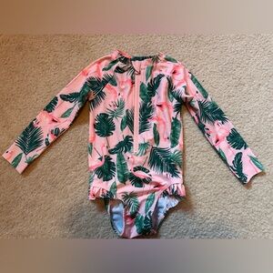 Pink Flamingos and Green Tropical Leaves Long Sleeved  Swimwear for Girl